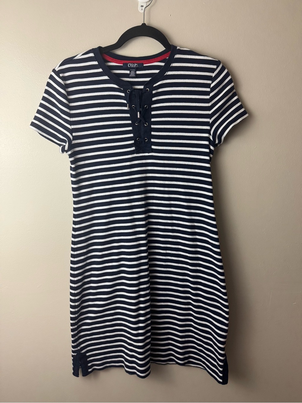 Chaps Navy & White Cotton Striped Lace-Up Knit Dress Resort Summer Petite Large